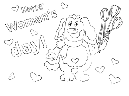 A dog with three tulips coloring page for womens day